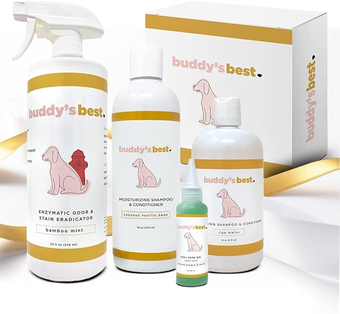 Buddy's Best Dog Gift Box for Holidays & Special Occasions - Pet Package with Odor Eradicator (32oz), Oral Care Gel (2oz), and Shampoo Bottles, Coconut Vanilla (16oz) & Ripe Melon (16oz)