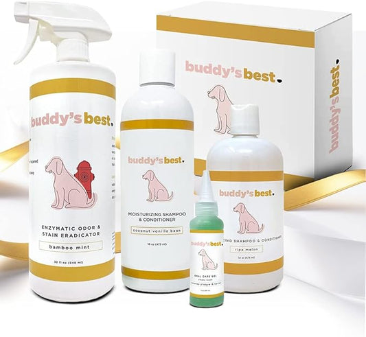 Buddy's Best Dog Gift Box for Holidays & Special Occasions - Pet Package with Odor Eradicator (32oz), Oral Care Gel (2oz), and Shampoo Bottles, Coconut Vanilla (16oz) & Ripe Melon (16oz)
