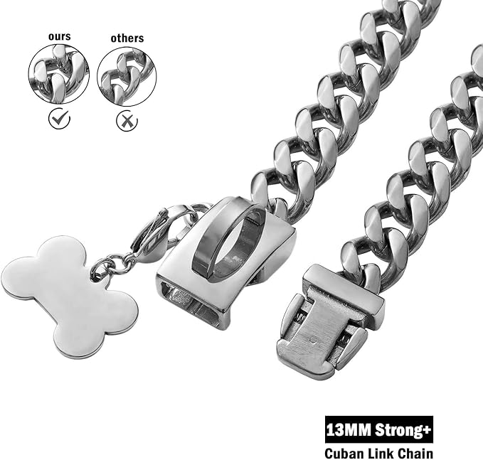 Strong Stainless Steel Silver Cuban Link Chain Dog Collar,Pet Necklace Walking Collar for Large Dogs(Length - 24'')