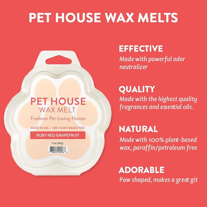 One Fur All Pet House Spring and Summer Wax Melts for Pet Odor, Natural, Plant Based Soy Wax Melts, Long Lasting Fragrance for Fresh Smelling Homes, Ruby Red Grapefruit