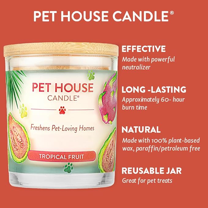 Pet House 9 oz Tropical Fruit Scented Pet Odor Candle, Clean Burning, Long Lasting, Plant Based Spring, Summer Scented Soy Candle, 60 Hour Burn Time