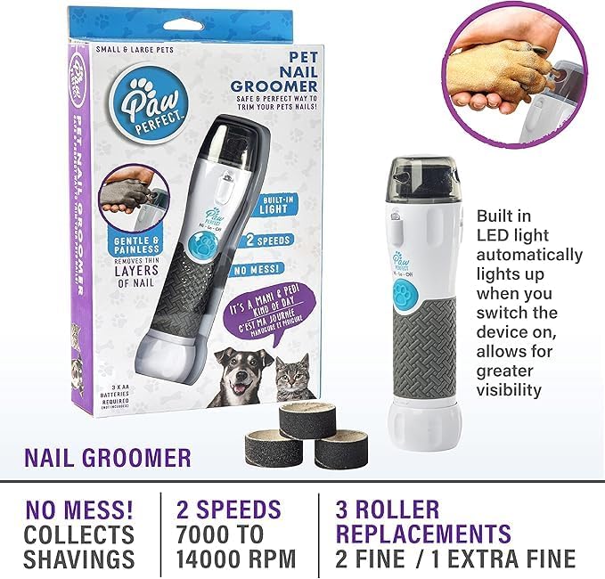 Bell+Howell Pawperfect Cordless Dog and Cat Nail Trimmer Rotating File with Safety Guard, 5000-7000 RPM's, Gentle and Painless Dog Nail Grinder w/ 3 Modes with 3 Replacement Rollers
