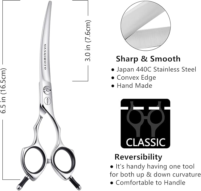 HASHIMOTO Dog Grooming Scissors, Curved Scissors for Dog Grooming, 6.5 inch, 30 Degree of Curved Blade,Light Weight, Pet Shears for Trimming Face and Paws.