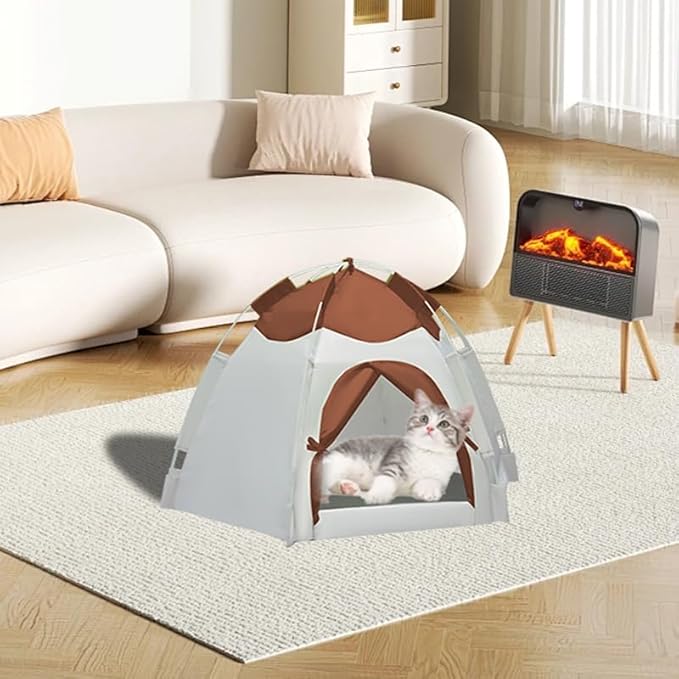 Outdoor Pet Curtain Camping Tent, Pop up Cave Bed for Indoor Cats and Small Dogs, Portable Cat House Dog House, Brown.