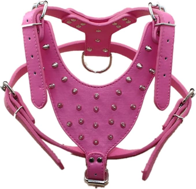 Spiked Leather Dog Harness Chest for 26"~34" Large Dogs Pitbull Mastiff Boxer Bully Black/Pink/Red/Gold Brown/Leopard/Brown (Spiked Hot Pink)