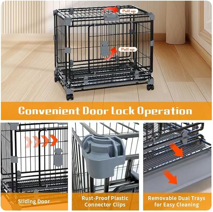 24" Dog Crate for Small Dogs, Double Door Dog Kennel with Removable Trays & Lockable Wheels, Escape Proof Metal Pet Cage, Stackable Indestructible Puppy Crate Indoor