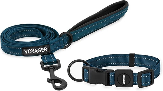 Voyager Reflective Dog Leash Collar Set with Neoprene Handle Supports Small, Medium, and Large Breed Puppies, Cute and Heavy Duty for Walking, Running, and Training - Blue, S