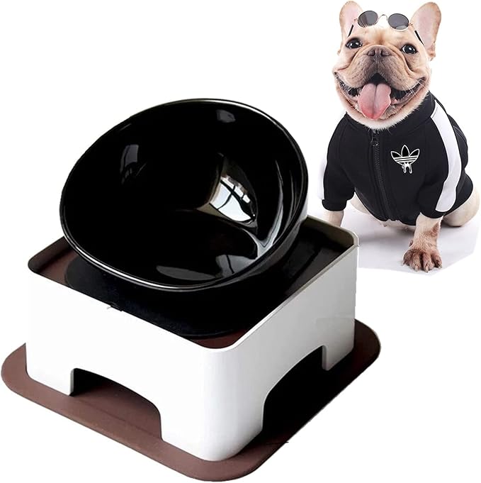 Bulldog Bowl Anti-Slip Dog Cat Dish Detachable Rubber Dog Bowl Pet Sterile Tilted Pet Feeder Slope Base (Black（Ceramic Bowl）, 1.5 Cup (Small/Medium Dog))
