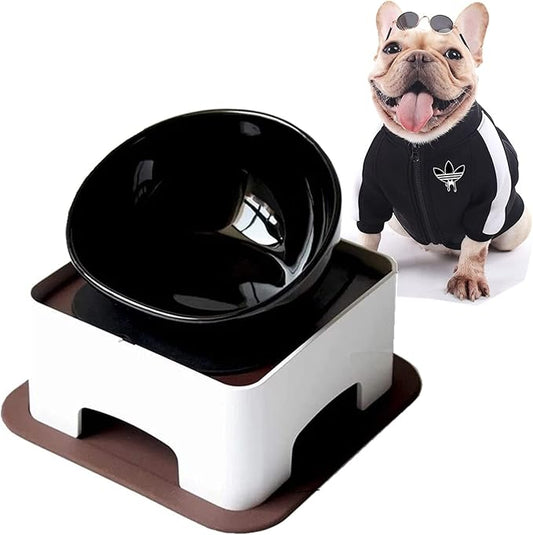 Bulldog Bowl Anti-Slip Dog Cat Dish Detachable Rubber Dog Bowl Pet Sterile Tilted Pet Feeder Slope Base (Black（Ceramic Bowl）, 1.5 Cup (Small/Medium Dog))