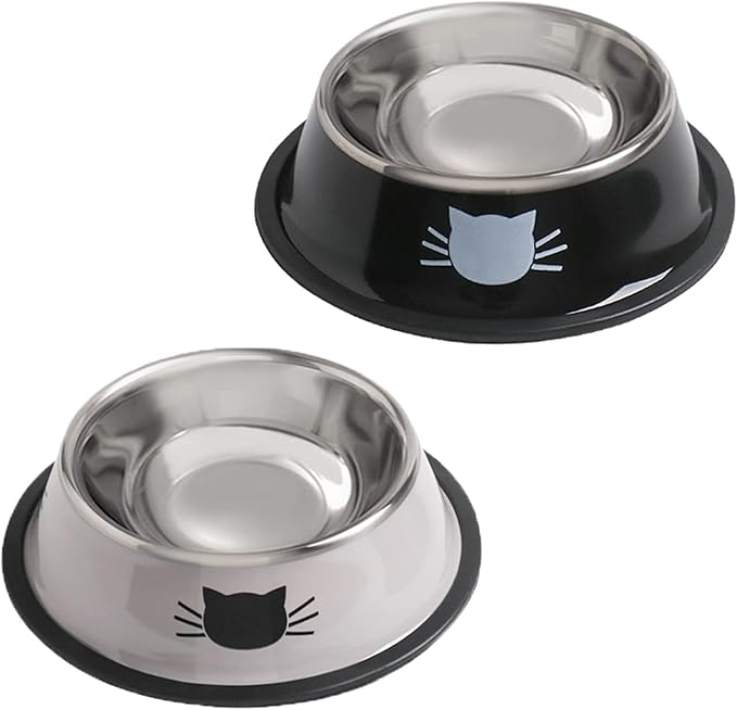 Cat Bowls for Food and Water,2PCS Rapsrk Non-Slip Stainless Steel Small 8 Oz Pet Bowl with Removable Rubber Base Dog Bowl,Stackable Puppy Dishes with Cute Cat Painted
