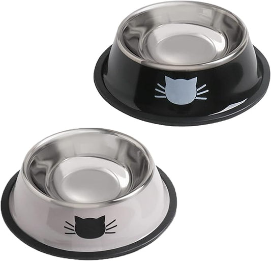 Cat Bowls for Food and Water,2PCS Rapsrk Non-Slip Stainless Steel Small 8 Oz Pet Bowl with Removable Rubber Base Dog Bowl,Stackable Puppy Dishes with Cute Cat Painted