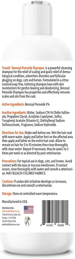 Truseb | Benzoyl Peroxide Shampoo for Dogs,Cats and Horses (Benzoyl Peroxide Shampoo, 12 oz)