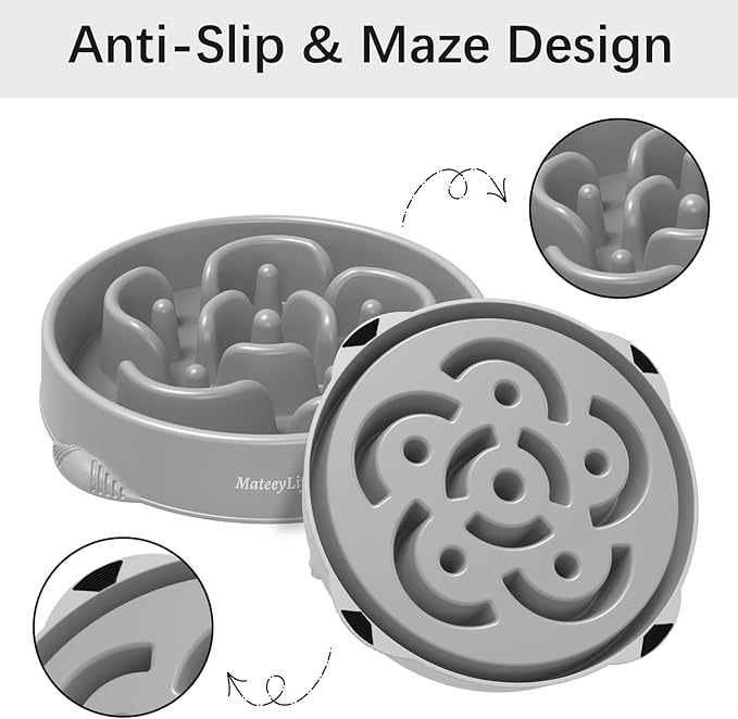 MateeyLife Large Slow Feeder Dog Bowls, Anti-Choking Puzzle Dog Food Bowls, Anti-Slip Interactive Feeding Slow Down Eating, Bloat Stop Maze Dishes for Large Breeds 4 Cups Gray