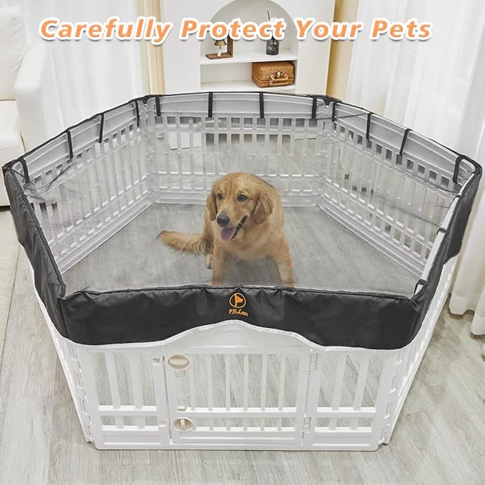 PJYuCien Dog Playpen Mesh Top Cover, Fits 36 Inch 6 Panels Regular Hexagonal Plastic Exercise Pet Pen, Adhesive Tape Connections, Black (Note: Cover Only, Fence Not Included)