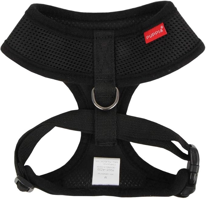 Puppia Soft Dog Harness No Choke Over-The-Head Triple Layered Breathable Mesh Adjustable Chest Belt and Quick-Release Buckle, Black, Medium