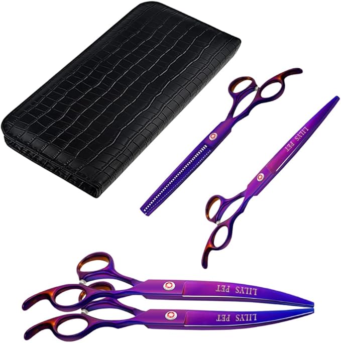 LILYS PET Professional PET DOG Grooming Coated Titanium scissors suit Cutting&Curved&Thinning shears (7.5 inches, Purple)…
