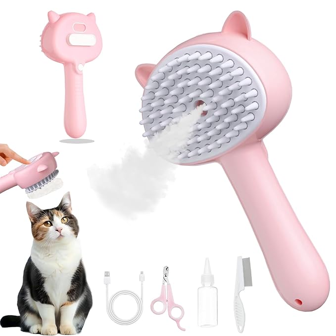 Cat Steam Brush, 3 in 1 Steamy Cat Brush for Shedding, Pets Spary Brush With Release Buttom, Self-Cleaning Cats Dogs Hair Grooming Comb, Pets Steamy Brush With Water Tank, Pink