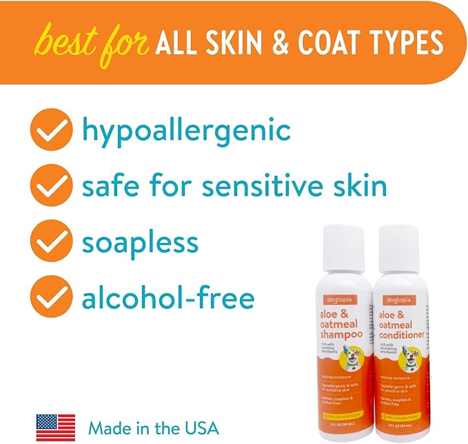 Dog Bath Travel Kit | Aloe & Oatmeal Shampoo & Conditioner | Pina Colada Deodorizer | Nose Balm | Bath Brush Bath Gift Set | Bath Sampler Grooming Kit