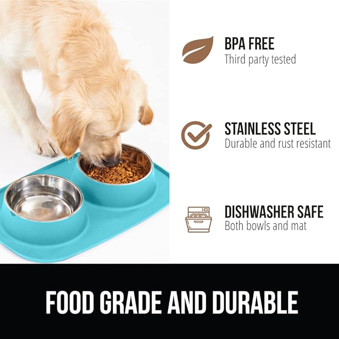 GORILLA GRIP Patent Pending 100% Waterproof BPA Free 3 Cup Cat and Dog Bowls Silicone Feeding Mat Set, Stainless Steel Bowl Slip Resistant Raised Edges, Catch Water, Food, Pet Accessories, Turquoise
