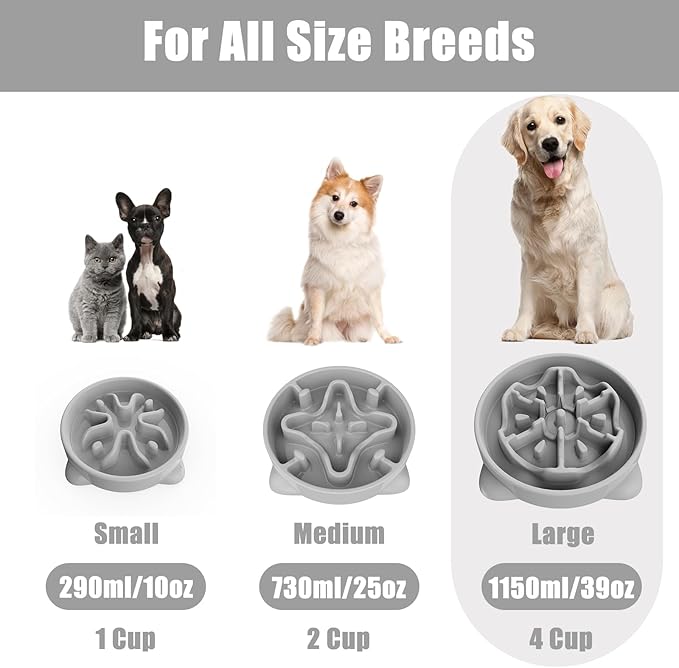 Slow Feeder Dog Bowls Large Breed, Dog Food Bowl Large Anti-Choking Bloat Stop Puzzle Healthy Eating Bowl (Gray, 4 Cup)