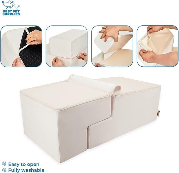 Best Pet Supplies Portable Foldable Foam Pet Stairs/Steps for Couch, Sofa, and High Bed, Non-Slip Bottom Balanced Paw Safe - Ivory, Foldable 4-Step (H: 22")