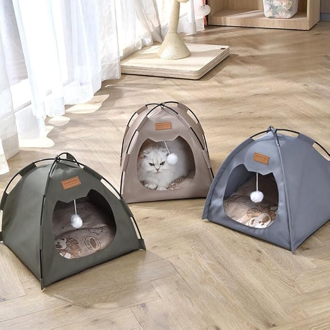 Cute Cat Teepee Cave, Cat Tent Foldable Indoor Outdoor with Thick Mat,Puppy Bed Tent,Bunny Pet Tent Teepee,Portable Dog House Teepee Tent, Cat Bed,Dog Bed Tent,Puppy Bunny,Pet Tent Teepee (O, S)