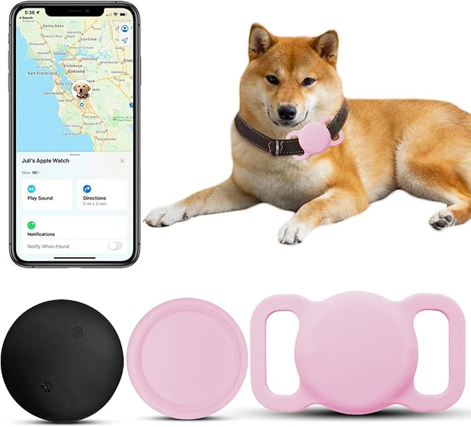 Smart Dog Tracker, Waterproof Pet Location Tracker, MFi Certificated Tracking Device with Collar Holder, No Monthly Fee, Works with Find My,Not GPS Tracker (iOS Only) (Pink)