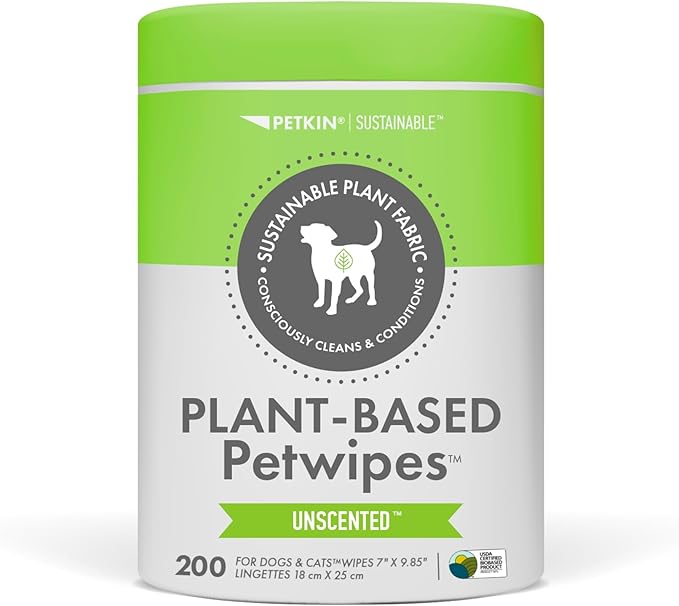 Petkin Plant-Based PetWipes, 200 Wipes - Biobased, Sustainable, Big & Thick Pet Wipes for Dogs & Cats - for Face, Paws, Ears, Body & Eye Area - Consciously Cleans & Conditions - Unscented
