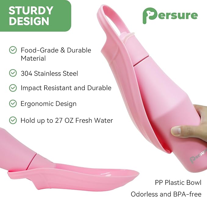 27 OZ Dog Water Bottle Portable Stainless Steel Convenient Pet Water Dispenser, Leak Proof Puppy Travel Water Bowl for Dog Outdoor Walking, Hiking, Perfect Size for All Dog Breeds, Pink