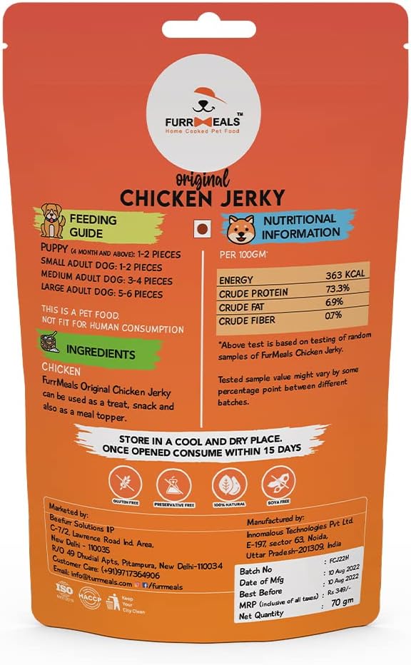 Original Chicken Jerky | High Protein Low Fat | Natural Treat for Dogs & Cats | Zero Preservative Human Grade Dog Treat | Pack of 5 x 70gm