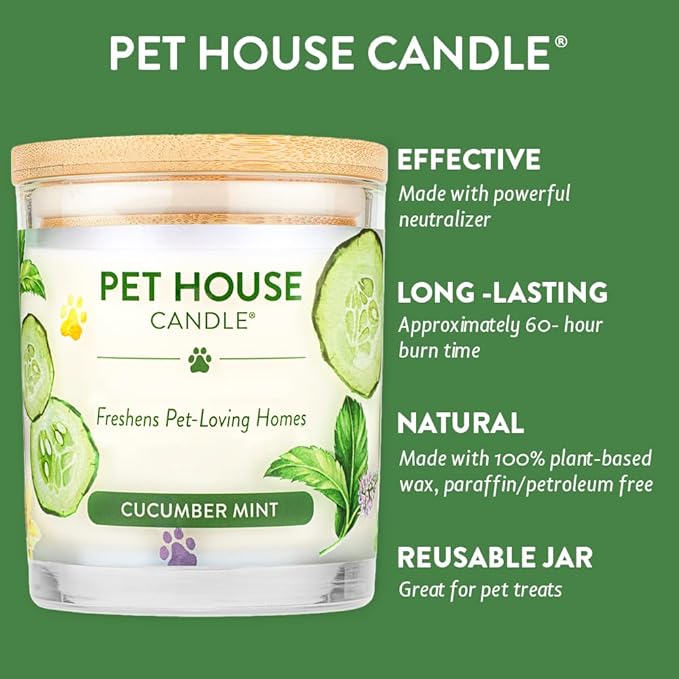 Pet House 9 oz Cucumber Mint Scented Pet Odor Candle, Clean Burning, Long Lasting, Plant Based Spring, Summer Scented Soy Candle, 60 Hour Burn Time