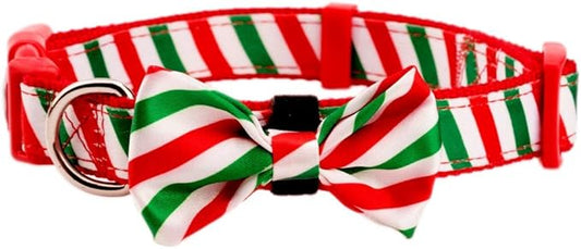 Christmas Festival Dog Collar, Stripe Pattern, Removable Bowtie, for Medium Dog, Neck 12"-18", Width 3/4". (Medium, Stripes)