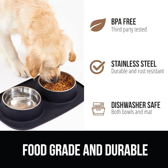 GORILLA GRIP Patent Pending 100% Waterproof BPA Free Cat and Dog Bowls Silicone Feeding Mat Set, Stainless Steel Bowl Slip Resistant Raised Edges, Catch Water, Food, Pet Accessories, 2 Cup, Black