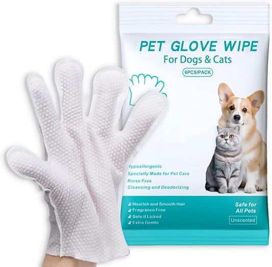 Dog and Cat Cleaning Gloves, Cleaning and Deodorizing Grooming Gloves, Dog and Cat Fur Face, Ears, Eyes, Paws Cleaner, Pet Grooming Wipes, Nourishing Fur, for Daily Care and Travel, No Rinse (6 Pcs)