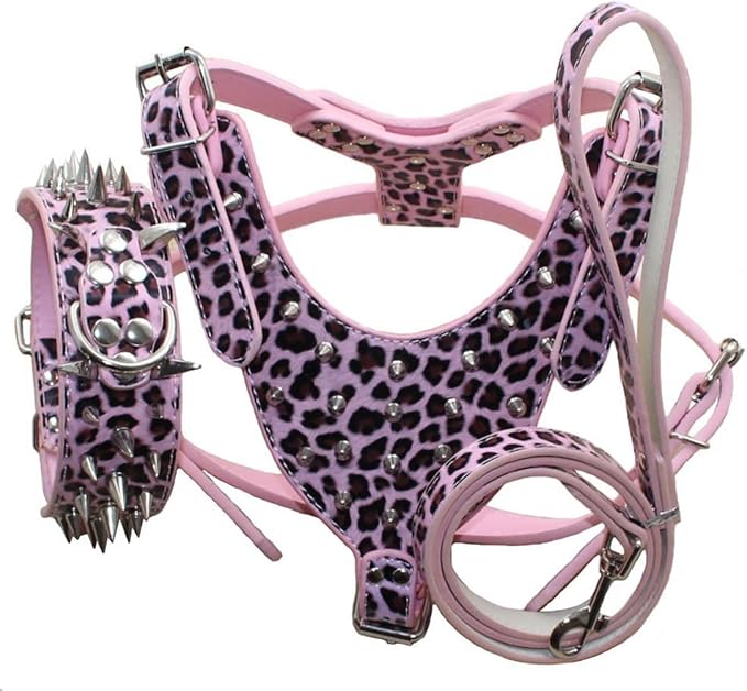 Leather Spiked Studded Harnesses, Collars & Leashes 3Pcs Matching Set for Medium & Large Dogs Pitbull,Mastiff, Boxer, Bull Terrier (Leopard1, M)