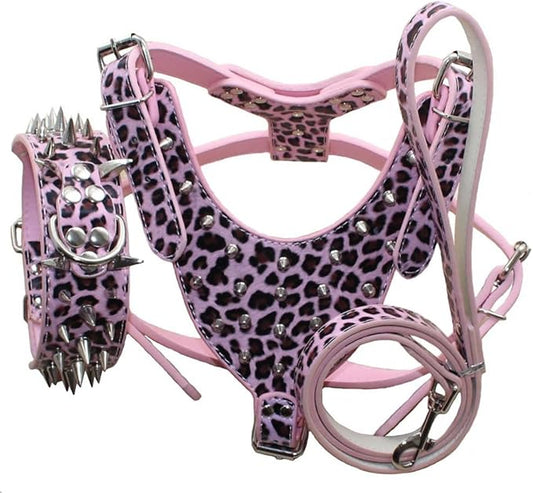 Leather Spiked Studded Harnesses, Collars & Leashes 3Pcs Matching Set for Medium & Large Dogs Pitbull,Mastiff, Boxer, Bull Terrier (Leopard1, M)