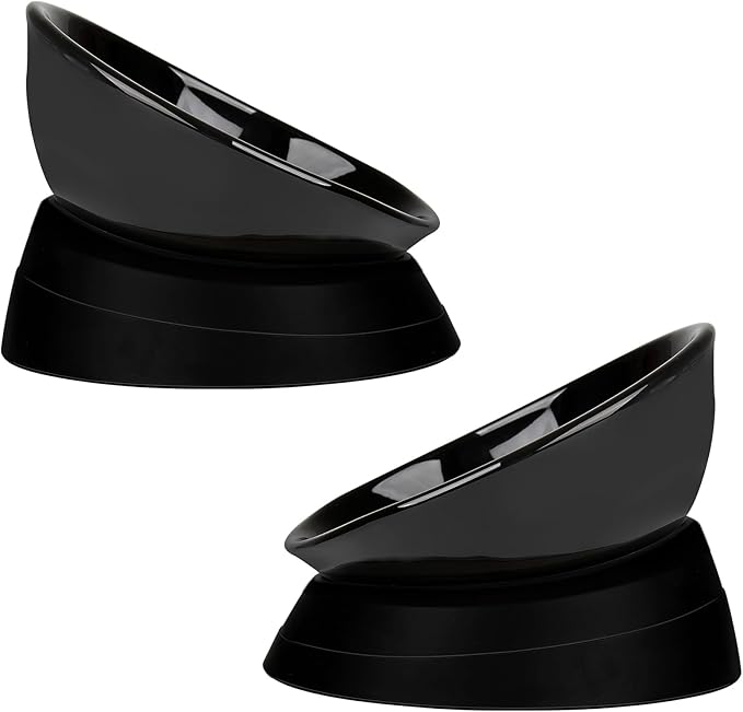 Bulldog Bowl Anti-Slip Dog Cat Dish Detachable Ceramic Dog Bowl Pet Sterile Tilted Pet Feeder Slope Base (Black Ceramic, 2 Cup)