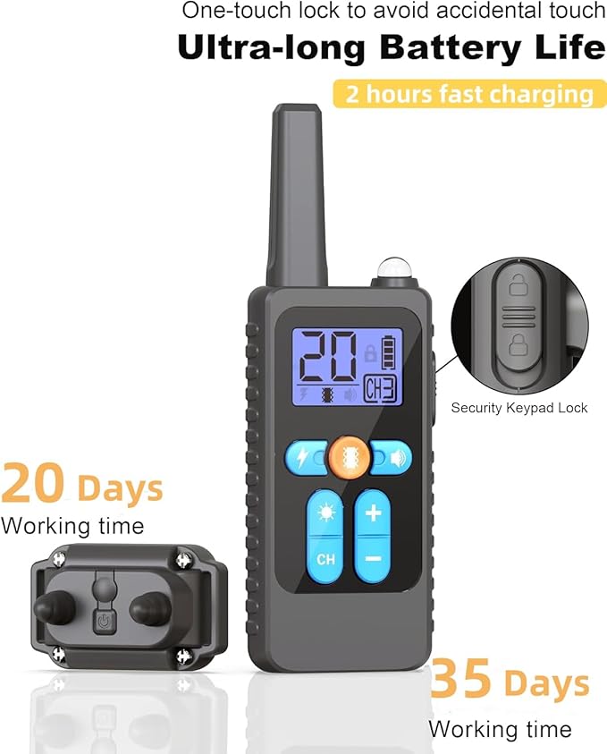Dog Shock Collar ，3300Ft Dog Training Collar with Remote, IPX7 Waterproof Rechargeable Collar,Light, Beep, Vibration, Safe Shock for 8-120lbs Small Medium Large Dogs