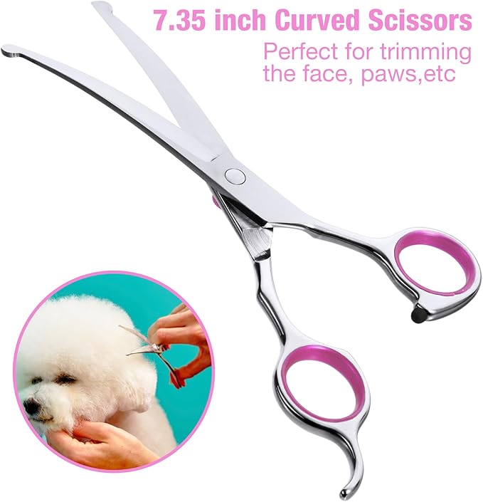 Dog Grooming Scissors Kit with Safety Round Tips, 3 in 1 Professional Dog Grooming Scissors, 4CR Stainless Steel Pet Grooming Shears for Dog, Cat,Sharp and Durable, Pink
