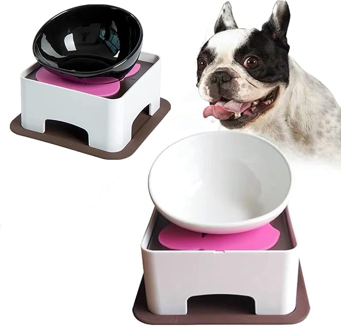 Bulldog Bowl Anti-Slip Dog Cat Dish Detachable Rubber Dog Bowl Pet Sterile Tilted Pet Feeder Slope Base (Black（Ceramic Bowl）, 1.5 Cup (Small/Medium Dog))
