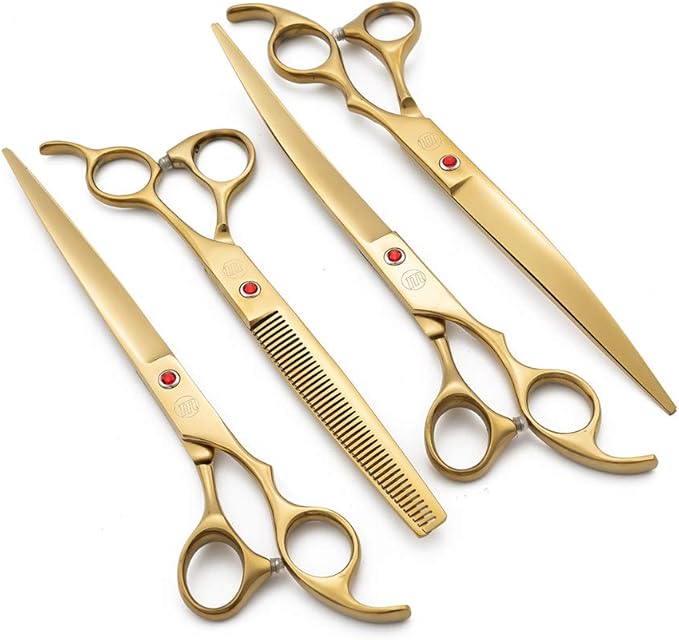 Moontay Professional 8.0" Dog Grooming Scissors Set, 4-pieces Straight, Upward Curved, Downward Curved, Thinning/Blending Shears for Dog, Cat and Pets, JP Stainless Steel, Gold