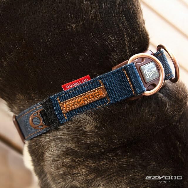 EzyDog Double Up Premium Nylon Dog Collar - Double D-Rings for Superior Strength, Safety, and Comfortability - Non-Rusting and Includes an ID Attachment (X-Large, Denim)