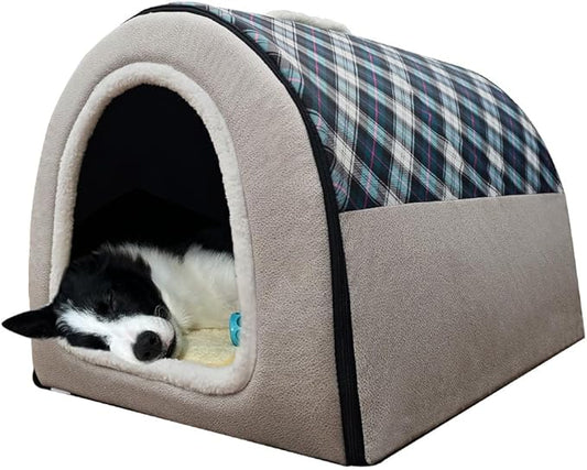 Dog Bed,2 Ways to Use,Indoor Pet House with Fluffy Mat,Removable and Washable Cover,Splash-Proof House and Non-Slip Bottom,for Large Dogs(XL Plaid & Gray)