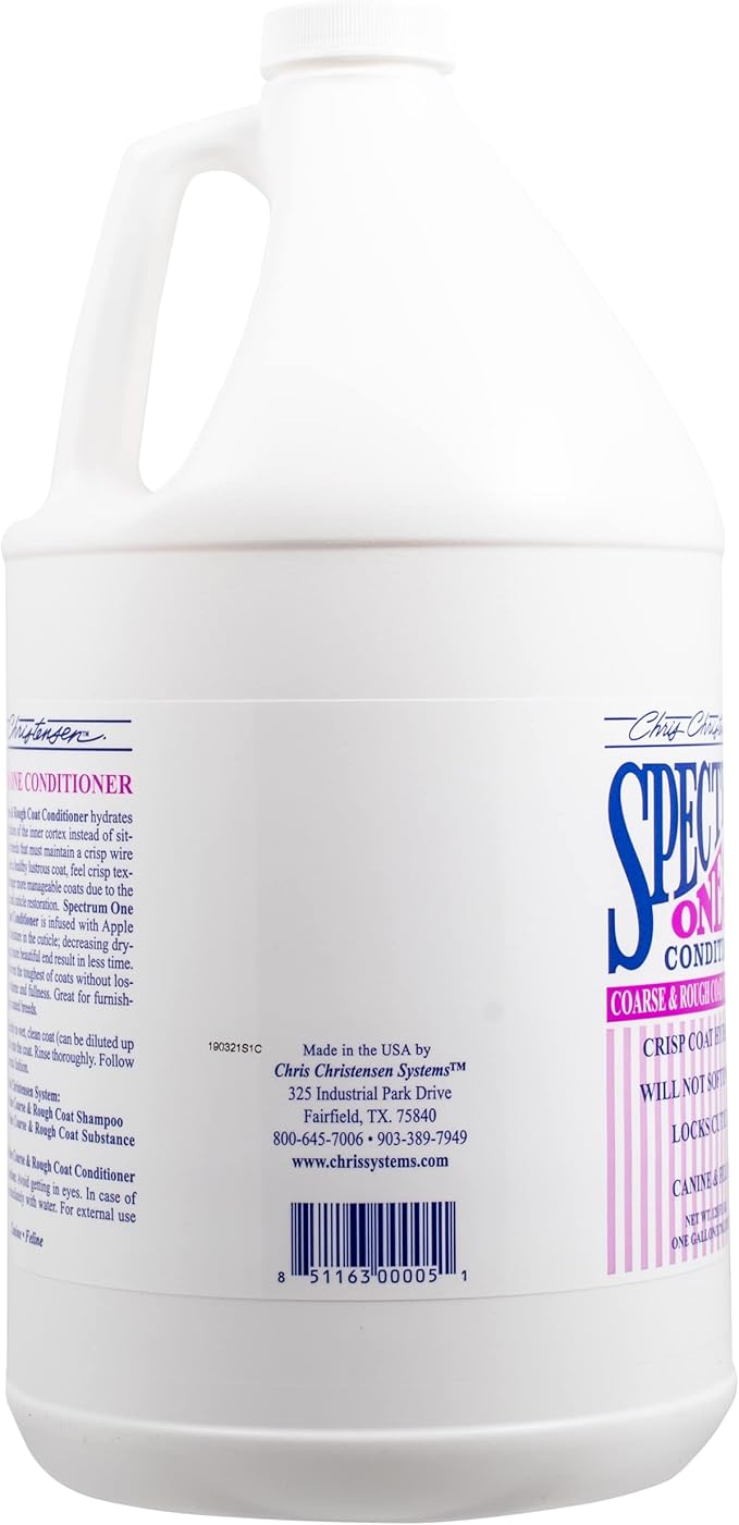 Chris Christensen Spectrum One Ultra Concentrated Dog Conditioner, Makes up to 8 Bottles, Groom Like a Professional, Maintains Inner Cortex Hydration, Coarse and Rough Coat, Made in The USA, 1gal