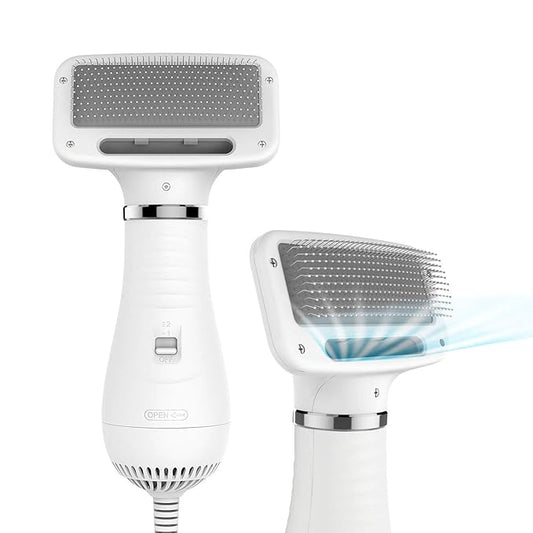 iPettie Pet Grooming Hair Dryer with Slicker Brush, White, Quiet, 2 Heat Settings, Professional Home Use for Short Straight Hair Cat, Narrow Gap Slicker Brush