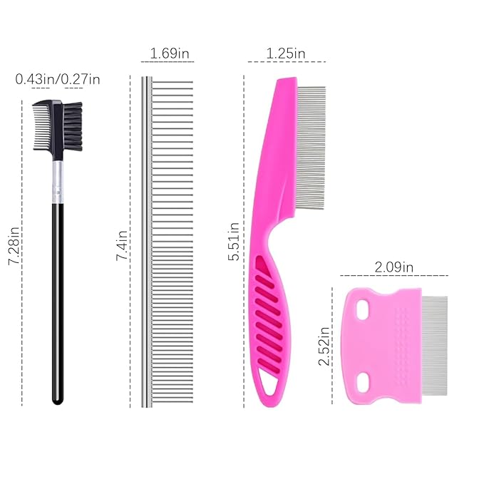 4PCS Pets Grooming Comb Kit for Small Dogs, 2-in-1 Flea Comb with Round Teeth for Cat and Puppy, Tear Stain Remover Comb Accessories for Removing Eye Mucus and Crust