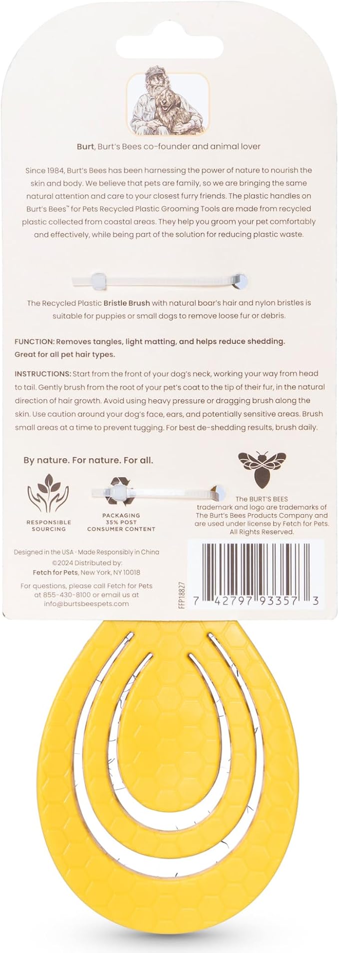 Burt's Bees for Pets Small Bristle Brush with Natural Boar’s Hair & Nylon | Handle Made from Recycled Plastics Collected from Coastal Communities | De-Shedding Eco Friendly Dog Grooming Brush