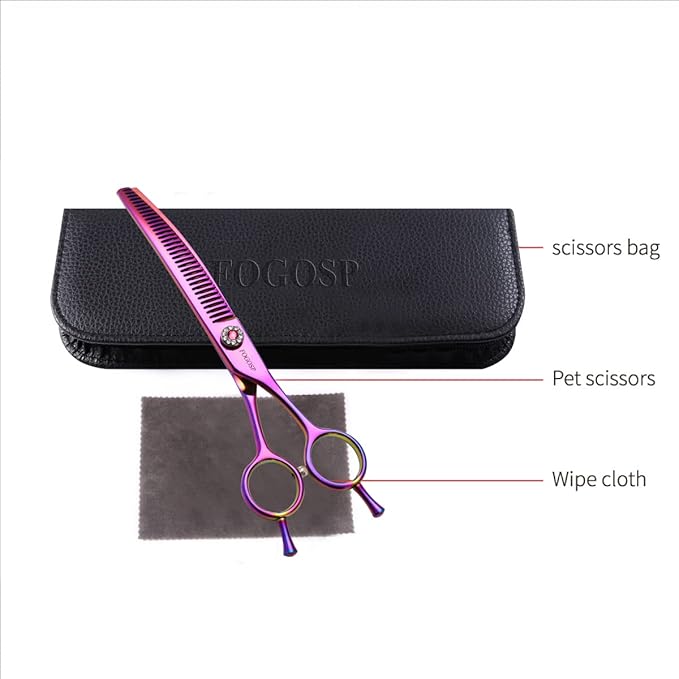 Curved Thinning Shear Dog 7.0'' Professional Downward Curved Chunkers Shears Dog Grooming Japan 440C Stainless Steel 75% Thinning Rate(Rainbow)
