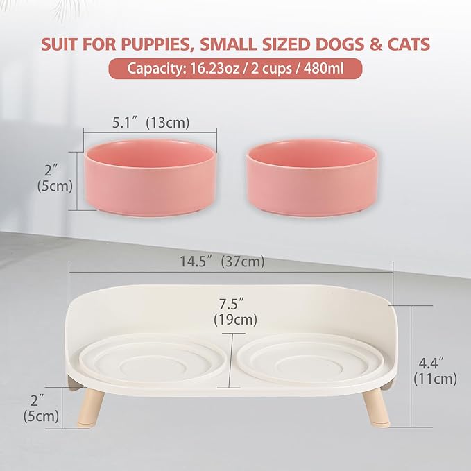 Elevated Ceramic Cat Bowl Set - Raised Double Dishes for Food & Water - Non-Slip Stand & Splash Proof - for Cats & Puppies - 2 x 480 ML - 16.23 OZ