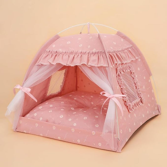 Cat Bed Tents Dog House Indoor Outdoor Lace Mesh Breathable Windows Door Curtains Removable Portable Nest Teepe House (Medium,Pink(Ruffled Teim))